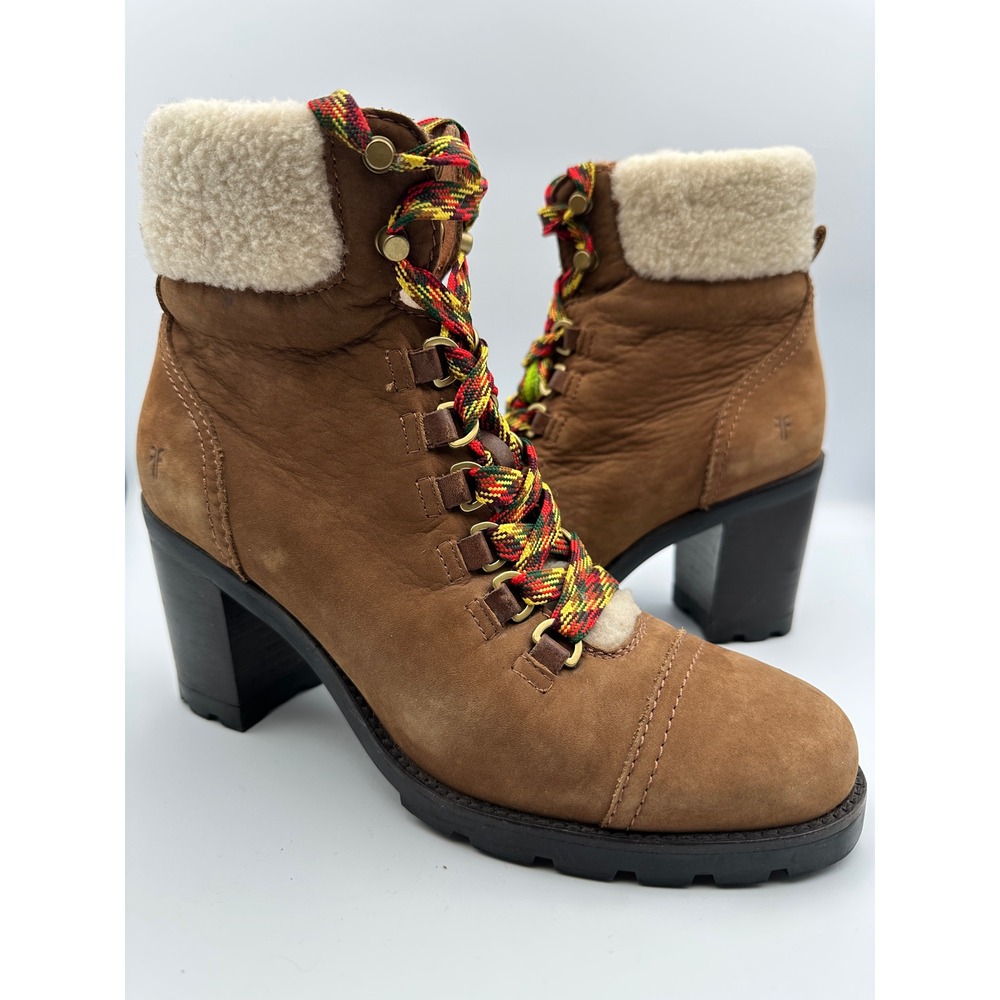 Frye Addie Hiker Strap Heel Boots Brown Leather Sz 10 Retro Laces Shearling $498